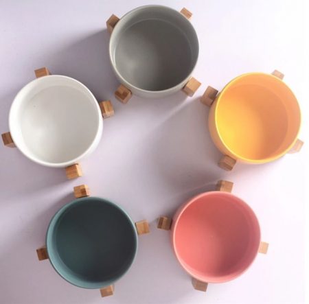 Colorful Cat Bowl with Wooden Frame Rest