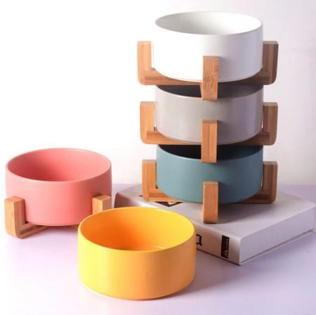 Colorful Cat Bowl with Wooden Frame Rest