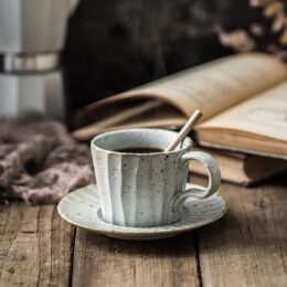 Stoneware Retro Japanese Style Ribbed Coffee Cup & Saucer