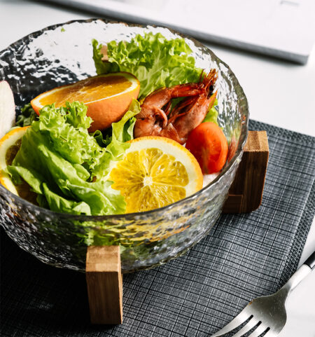 Hammered Glass Bowl with Wooden Stand