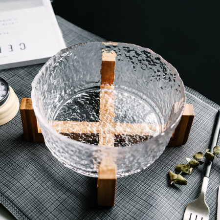 Hammered Glass Bowl with Wooden Stand