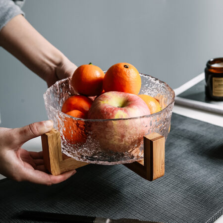 Hammered Glass Bowl with Wooden Stand