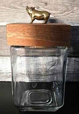Square Glass Jar with Pig on Wood Lid