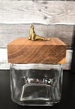 Square Glass Jar with Sea Lion on Wood Lid