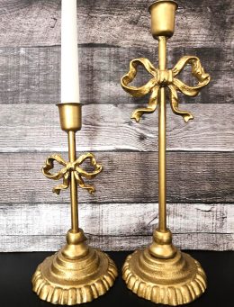 Bronze Metal Bow with Pedestal Tapered Candle Holder 2 Piece Set